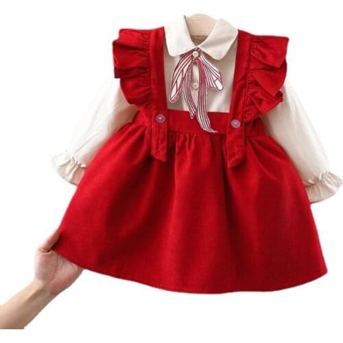 Baby Girl Formal Clothes Set Beige Shirt + Suspender Skirt Bow Tie 2PCS Autumn Child Clothing Set Outfit Baby Clothes Suit 0-6Y