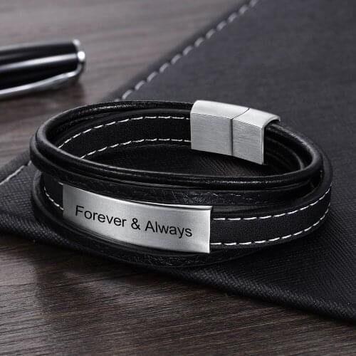 Personalized Mens Multilayer Black Leather Bracelets Custom Stainless Steel ID Tag Bracelets Bangle Wristband Gitfs for Men