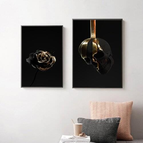Black Poster Nordic Black Gold Rose Skull Modern Abstract Painting Posters and Print Canvas Home Mural Decoration Painting
