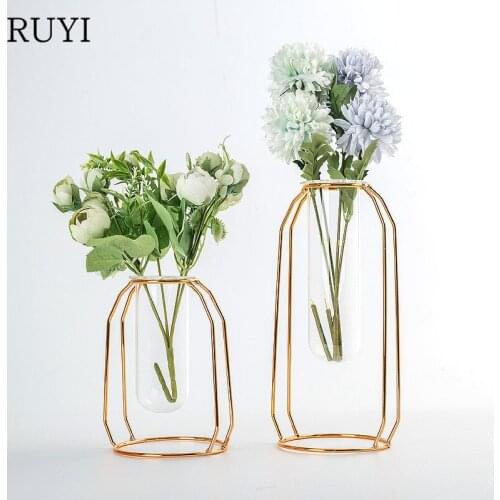 INS wrought iron flower stand Glass hydroponic wire metal vase Geometric flower stand creative home decoration accessories 1pcs
