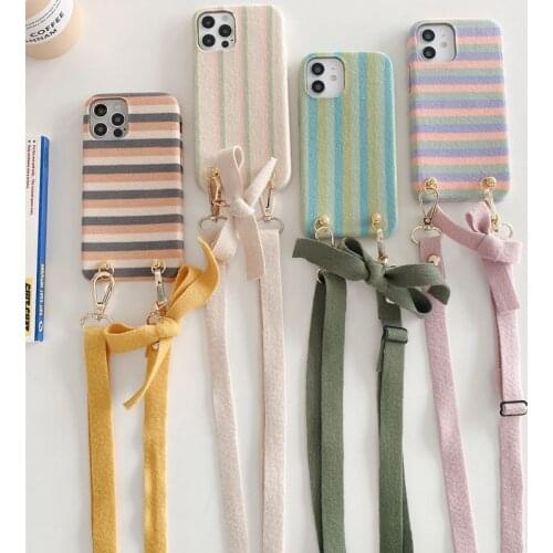 Stripe Plush Fur Soft Phone Case for iPhone 12 Mini 11 Pro XS Max XR 8 Plus Bowknot Backpack Hanging Rope Crossbody Strap Cover