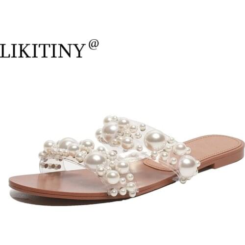 LIKITINY 2021 Genuine Leather Slip on slides womens shoes black nude mules pointed toe slippers size 33