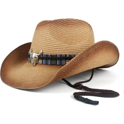Fashion Women Men Straw Hollow Western Cowboy Hat Lady Summer Sombrero Hombre Beach Cowgirl Jazz Sun Hat Wind Rope Size 57-59CM