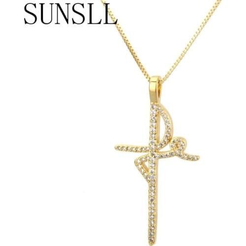 SUNSLL Hot Selling Gold/Silver Color Copper White Cubic Zirconia Classic Cross Pendant Necklace for Women Jewelry Gift Party