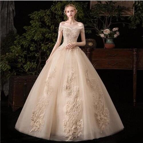 Wedding Dress 2020 Elegant Champagne Boat Neck Wedding Gowns Vestido De Noiva Luxury Lace Embroidery Plus Size Bride Dress
