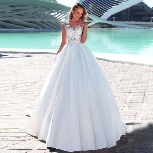 Custom Made Ball Gown Satin Wedding Dresses Appliques Illusion O-Neck Bridal Gowns Robe De Mariee
