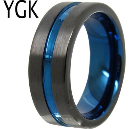 YGK Wedding Jewelry Matte Black Pipe With Blue Groove Tungsten Rings for Mens Bridegroom Wedding Engagement Anniversary Ring