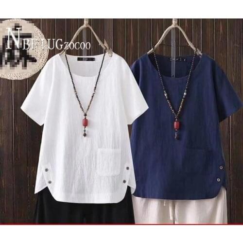 Summer New Plus Size Casual Women Blouse Retro Solid Color Short Sleeve Female Blouses