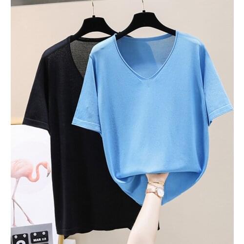 Chic casual Summer Basic v-neck Sweater pullovers Women 2021 loose Knit Pullover female Short Sleeve Black Sweater jumper