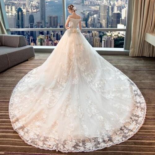 Sexy Lace Slash Neck Long Summer Dress 2019 Noble Maxi Dress Slim Bride Princess Dream Long Tail White Party Dress Women