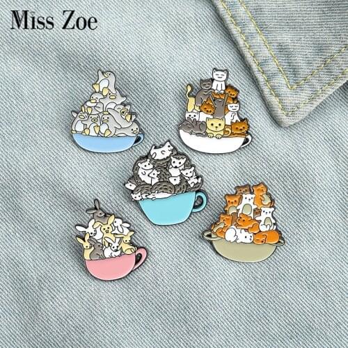 A Cup of Animal Enamel Pin Custom Cats Rabbit Bear Hedgehog Penguin Brooches Bag Lapel Pin Cartoon Badge Jewelry Gift for Kids