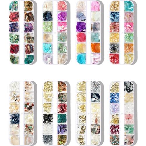 12Grids/box 3D Mixed Abalone Shell Irregular Stone Alloy Nail Art Decoration Slider Nail Pearl Jewelry Tips Shell Decoration T13
