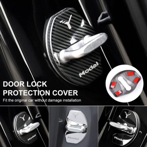 4pcs Car Door Lock Cover Protector Car Door Latch Stopper Cover Carbon Fiber For Tesla Model 3 Model X Y Roadster Car Styling