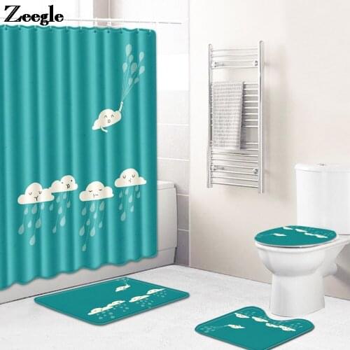 4PCS Cartoon Style Bath Mat and Waterproof Shower Curtain Set Flannel Toilet Mat Memory Foam Toilet Seat Cover Mat Foot Mats