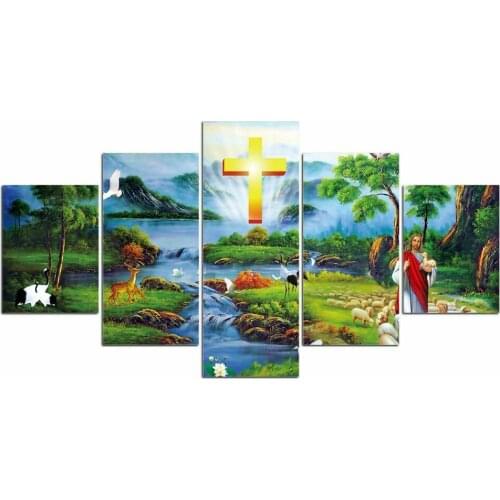 5 Pieces Great Christ Jesus With Happy Green Wall Art Poster Decoration Oil Painting Canvas Painting for Home Decor Background
