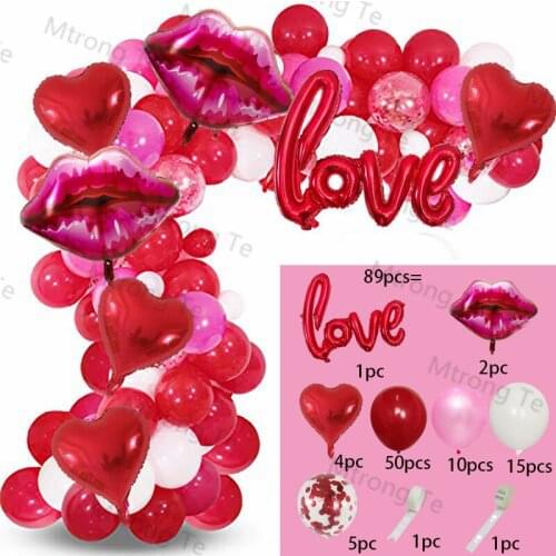 89pcs Large Red Lips Foil Balloon Birthday party Wedding decoration heart Love Helium Balloons Adult Valentines Day Supplies