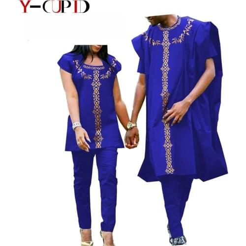 African Clothes for Couples Women Top and Pants Sets Matching Men 2 Pieces Robe Sets Bazin Riche Wedding Party Wear YA20C007