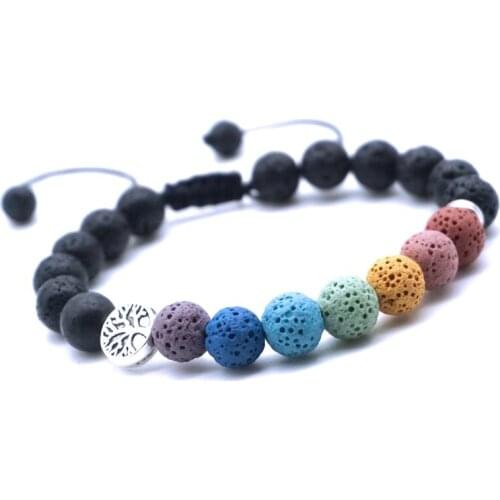 Tree of Life 7 Chakras Braided Volcanic Lava Stone Essential Oil Diffuser Bracelet Healing Balance Yoga Beads Bangle Men Women