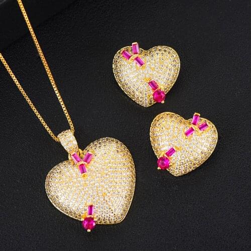 KellyBola Fashion Sweet Cute Chain Heart Pendant Necklace Earrings for Women Bridal Wedding Party Show Jewelry Sets