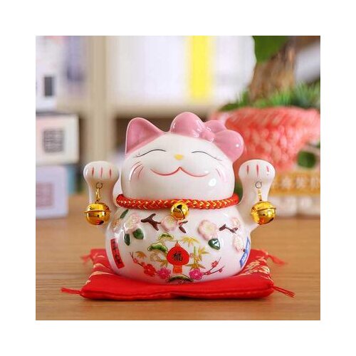 1pc Japanese Style Maneki Neko Ceramic Lucky Cat Ornament Cartoon Long Tail Cat Statue Home Decorative Figurine