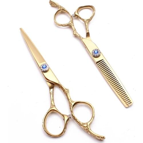 2Pcs 6 inch 17.5cm Japan 440C Engraving Logo Haircut Scissors Thinning Scissors Cutting Shears Plum Handle Salon Hair Scissors