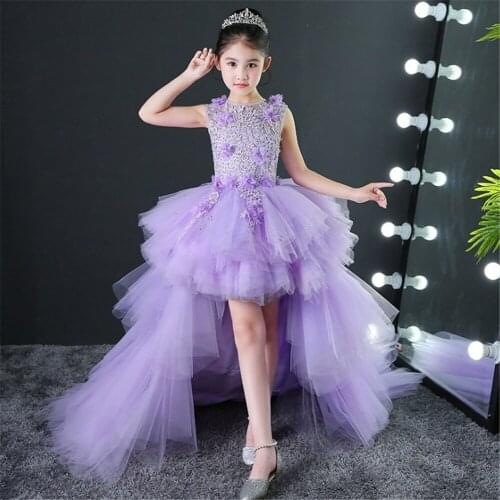 Fancy Flower Girl Dress with Train 2021 Children Show Performance Costume Kids Long Mermaid Tulle Pink Gowns Boutique Clothes