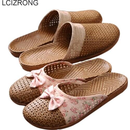 LCIZRONG 6 Colors Lover Indoor Slippers Women 35-45 Size Flax Bohemia Hollow Shoes Summer Non-slip Unisex Home Slippers Female