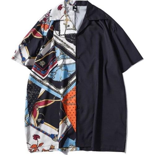 Summer New Mens Vintage Korean Shirts Fashion Black White Patchwork Short Sleeve Shirt Chain Striped Print Hawaiian Beach Shirt