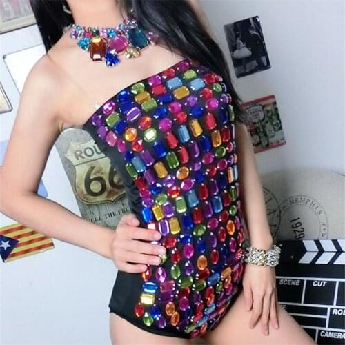 Night club bar Female singer stage costume Ds costume New DJ collar dance costume Colorful diamond jumpsuit