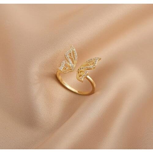 2021 New Contracted Hollow Butterfly Modelling Opening Rings Fresh Shiny Crystal Temperament Senior Women Adjustable Rings