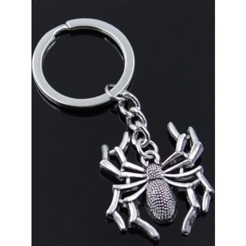 New Fashion Men 30mm Keychain DIY Metal Holder Chain Vintage Spider Halloween 35x32mm Silver Color Pendant Gift