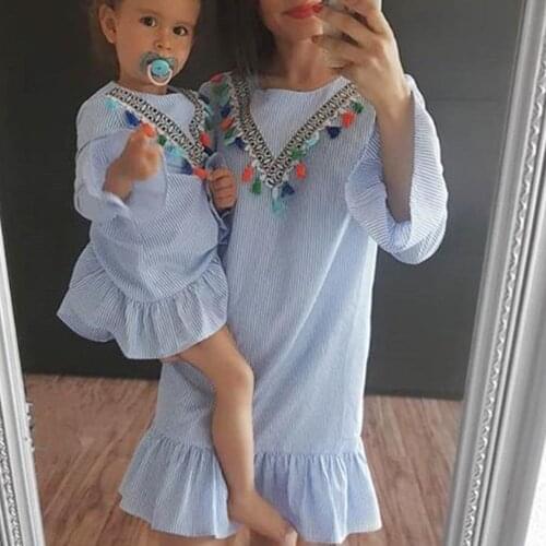 Mother & Daughter Dress Summer Girls Tassel Flying Sleeve Dresses Stripe Cute Kids Party For Girl Princess Dress Tops Clothes