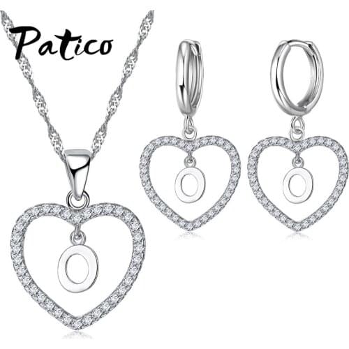 Valentines Day Gifts 925 Sterling Silver Heart Jewelry Sets For Women Letter A-Z Russia Style Pendant Earrings 18" Chain