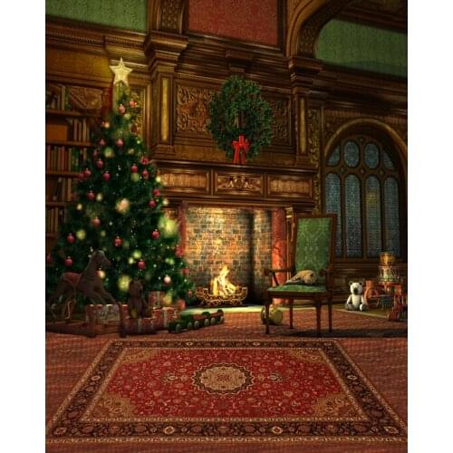 Christmas background 5x7 photographic background fireplace decoration bookshelf christmas tree cat and bear studio background