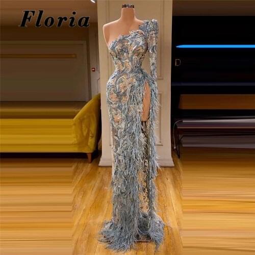 Blue Beaded Feathers Evening Dresses Appliques One Shoulder Long Sleeve High Slit Celebrity Dresses 2021 Custom Made Prom Gowns