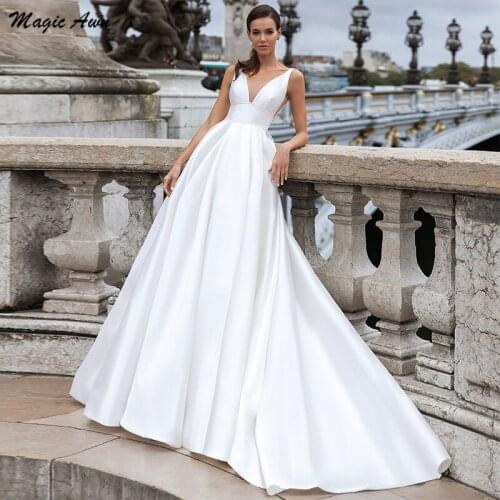 Magic Awn Modest Satin Wedding Dresses Boho Sheer V-Neck Beaded Simple Princess Bridal Gowns A-Line Cheap Robe De Mariee 2021