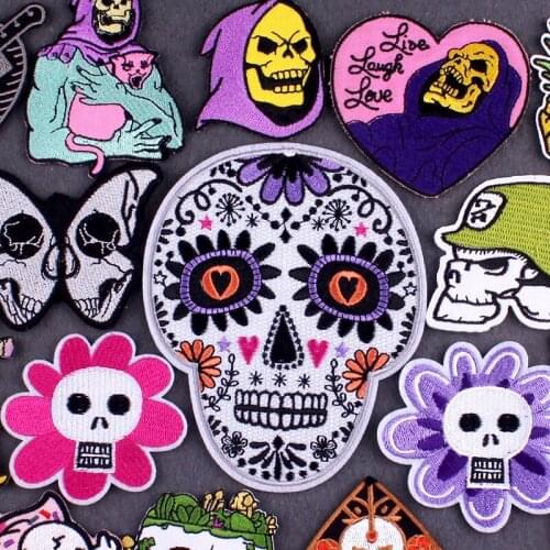 Punk Skull Thermo Adhesive Patches for Clothing DIY Iron On Patches On Clothes Badge Embroidery Patch Stripes Applique Accessory