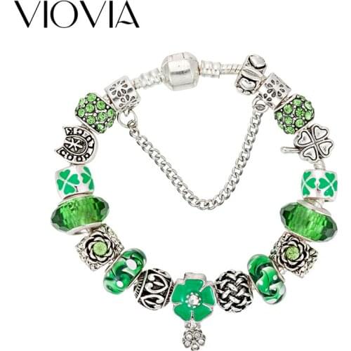 VIOVIA Green Flower Charm Glass Fit Original Bracelets For Women Crystal Beads Bracelets & Bangles Pulseras DIY Jewelry B17038