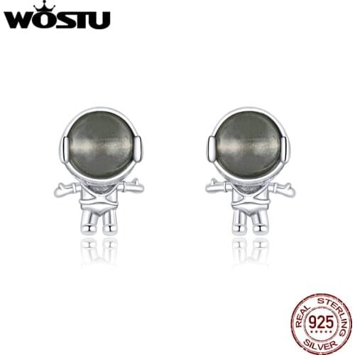 WOSTU Silver Astronaut Moonstone Stud Earrings 925 Sterling Silver Fashion Space Helmet Small Earrings Party Jewelry Gift CQE871