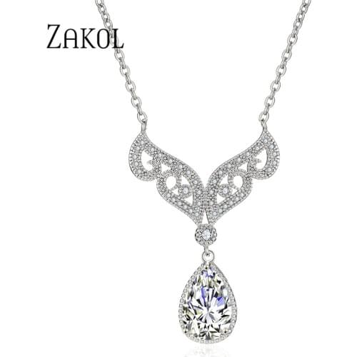 ZAKOL New Arrival Exquisite Teardrop Cubic Zircon Crystal Wings Shape Pendant Necklace for Women Girl Part Gift FSNP2091