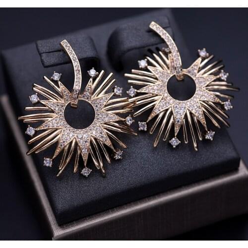 Luxury Flowers Stud Earrings For Women Round Sparking Cubic Zircon Fireworks Earrings African Dubai Bridal Wedding Jewelry Gifts