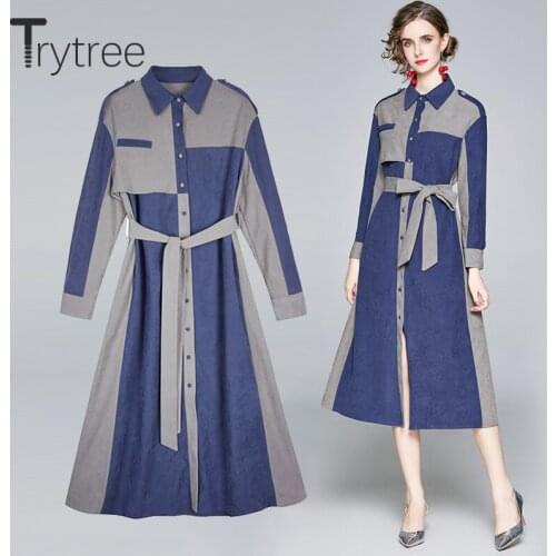 Trytree 2020 Spring Winter Casual Women Dress Panelled Colours Turn-down Collar Single Breasted Belt Office Lady Shirt Dress
