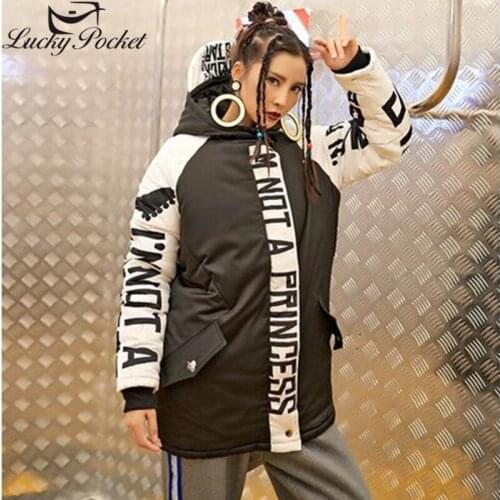 Winter Female New Black Coat Women Thick Warm Hooded Long Sleeve Parkas Harajuku Hit Color Letter Print Loose Jacket Z1023