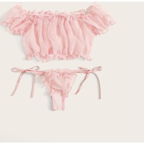 BIIGGXX Wrapped Chest One-shoulder French Sexy Lingerie Cute Girl Ruffled Mesh Perspective Sexy Bra T-Pants Two-Piece Set