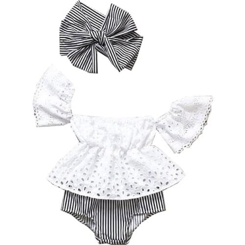Baby Girl Off Shoulder Lace Tops Stripe Shorts Briefs 3pcs Outfit Clothes Sets Summer