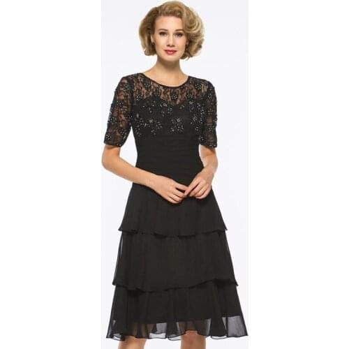 Elegant Black Mother of The Bride Dress O-neck Short Sleeves Wedding Party Gowns Chiffon Lace Beading Mother Dresses for Wedding