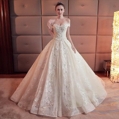 Champagne Lace Flower Wedding Dress Court Train 2019 Spring Korean Style Boat-neck Large Size Simple Elegent Long Wedding Dress