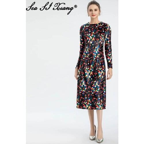 Seasixiang Fashion Designer Autumn Velvet Dress Women O-Neck Long Sleeve Dot Print Elegant party Pencil Dresses
