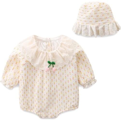 New 2021 Autumn Baby Print Triangle Romper Girls Long-Sleeved Lace Round Neck Clothes + Hat