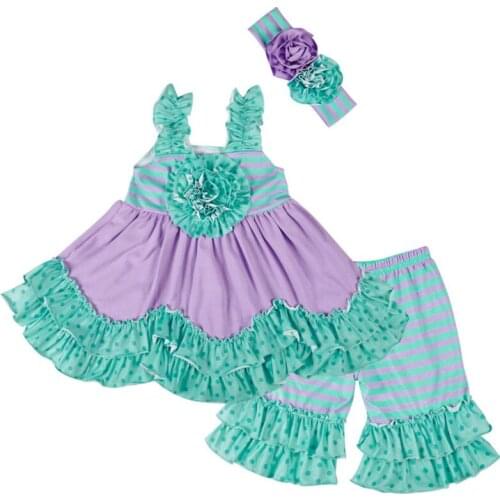 New Fashion Girls Clothes Children Green and Purple Ruffle Lace Top with Striped Ruffle Shorts2-Pieces Outfits Kids Clothing Set